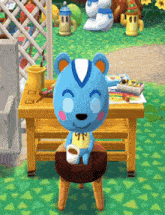 a cartoon bear is sitting on a stool holding a cup of coffee