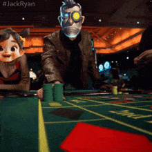 a man with a mask on his face playing a game of poker