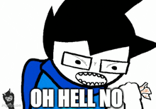 a cartoon character says oh hell no with a blue scarf around his neck