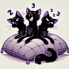 three black cats are laying on a purple pillow with the numbers 2 3 and 23 above them