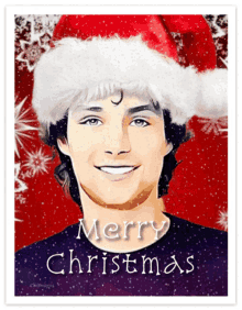 a christmas card with a man wearing a santa hat and the words merry christmas on it