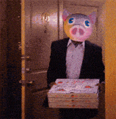 a man wearing a pig mask is carrying pizza boxes