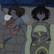 a cartoon drawing of two women sleeping in a bed