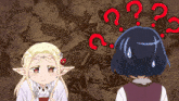 two anime characters are looking at a painting with red question marks above them