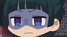 a close up of a cartoon character 's face with a blue eye
