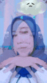 a woman with blue hair and a cloud above her head has a watermark that says jmnl