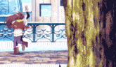 a girl in a red jacket is running down a brick sidewalk