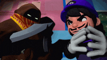 a cartoon character wearing a purple hat with a p on it
