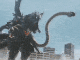a monster with a long snake coming out of it 's mouth is flying through the air .