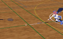 a cartoon of two girls playing badminton with the number 34 written on the floor