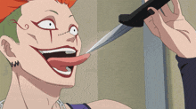 a cartoon character with a long tongue sticking out holding a knife