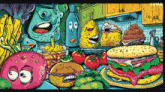 a cartoon drawing of a kitchen with a lot of food and the word luma on the bottom