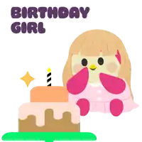 a birthday girl is sitting next to a cake with a lit candle