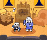 a pixel art drawing of a man and a woman dancing in a living room