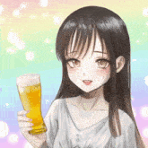 a girl is holding a glass of beer with the number 0000 on it