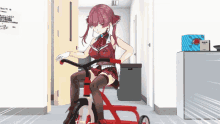 a girl in a red dress is riding a red bicycle