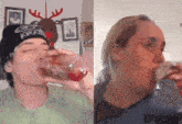 a man wearing a kmart hat is drinking a glass of red liquid