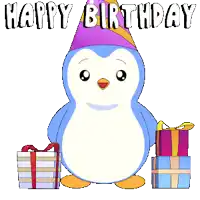 a birthday card with a penguin holding a cake and the words " happy birthday "