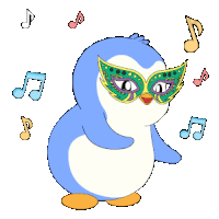 a blue and white penguin wearing a green mask