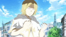 a man with blonde hair and a beard is wearing a white shirt