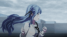 a girl with blue hair is running in a cartoon