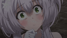 a girl with white hair and green eyes has a flower on her head