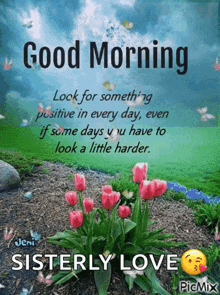 a picture of flowers with the words good morning sisterly love on it