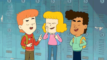 a group of cartoon characters are standing in front of lockers with the numbers 135 on them