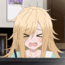 a girl with long blonde hair is crying with a tear coming out of her mouth