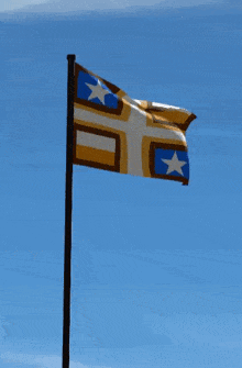 a yellow white and blue flag with a white star in the middle