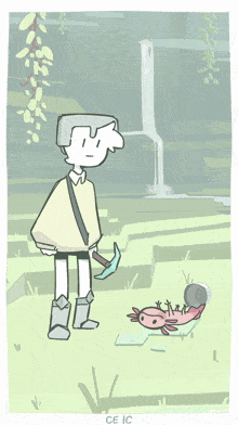 a drawing of a man holding a pickaxe next to an axolotl with ce ic written on the bottom