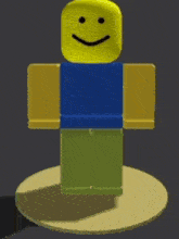 a yellow roblox character with a smiley face is standing on a circle on a table .