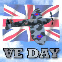 a plane is flying in front of a british flag with the words ve day below it