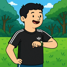 a cartoon drawing of a man wearing an adidas shirt