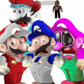 a group of cartoon characters including mario and luigi are standing next to each other with a roblox character in the background