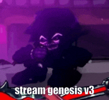 a cartoon character is standing in front of a purple background with the words stream genesis v3 on it .