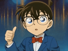 a cartoon character with glasses and a bow tie is pointing up