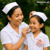 a little girl with a pin that says hill am the little nurse