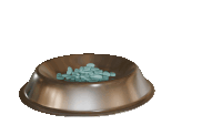 a metal bowl filled with blue pills against a white background