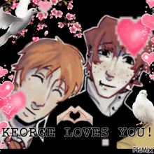 a picture of two boys making a heart with their hands and the words " keorge loves you "