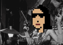 a pixel art of a woman holding a gun and a glass of wine