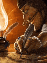 a drawing of a man writing with a quill pen