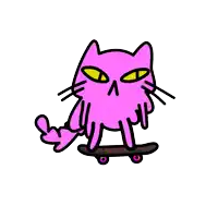 a pink cat is riding a skateboard with a yellow eye