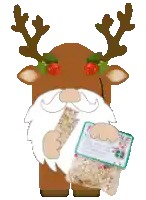 a reindeer with antlers and a white beard is holding a bag of food