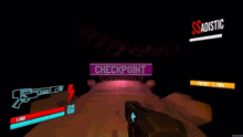 a video game screen shows a gun and the words checkpoint on it
