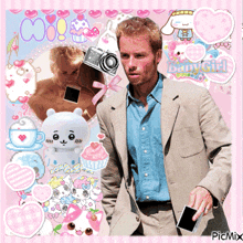 a man in a suit stands in front of a pink background with hearts and the words baby girl on it