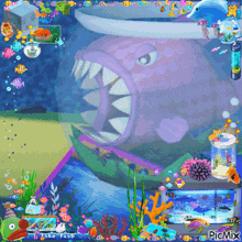 a picture of a fish tank with a picture of a shark in it