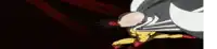 a bald man in a yellow suit is flying through the air in a dark room .