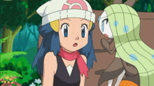 a cartoon of a girl with blue hair standing next to another girl