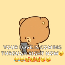 a cartoon character with pink hair is holding a cell phone and says your love is coming through right now .